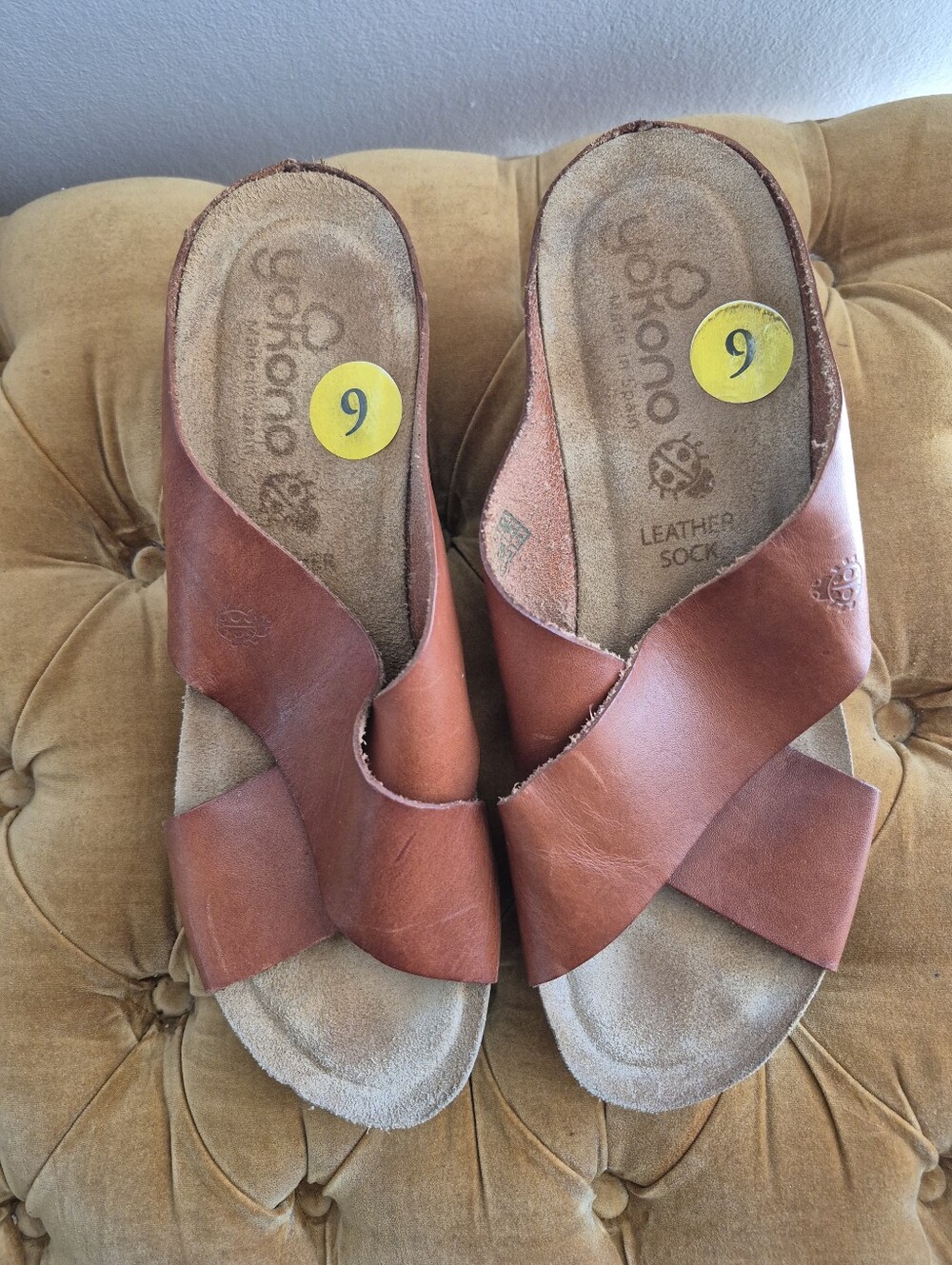 Yokono Spain Cognac Leather Cork Bio Anatomical Crossover Slide Sandals Size 9